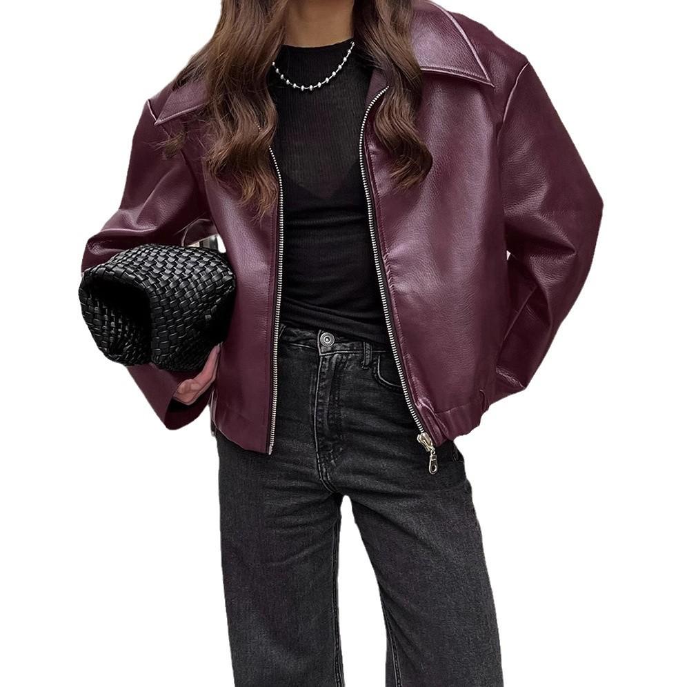 Women's Retro Burgundy Leather Motorcycle Jacket, 2024 Autumn European & American Fashion Matte Coat