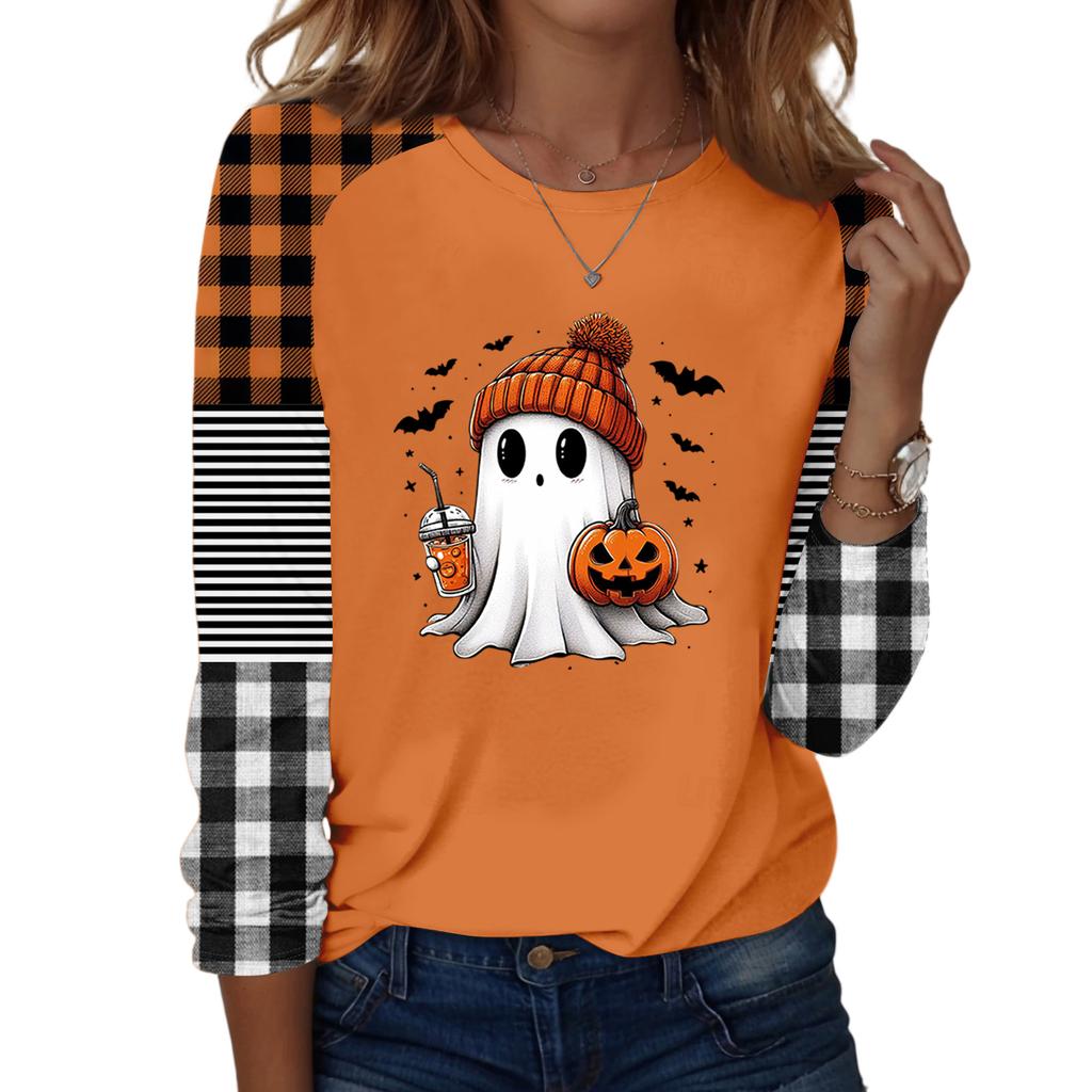 Women's Halloween Print Long Sleeve Round Neck Tunic Top Casual Blouse for Fall Parties