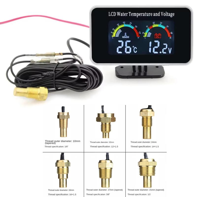 HD LCD 2 in 1 Car Water Temperature Gauge Voltmeter Waterproof 10mm Sensor 12V 24V for Car Truck SUV RV with Alarm Function