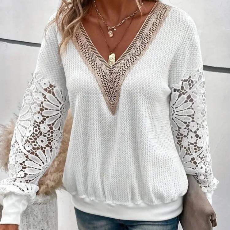 

Женская модная кружевная лоскутная рубашка больших размеров, топ с длинными рукавами и v-образным вырезом, микроэластичный топ, универсальный топ на весну и осень L белый