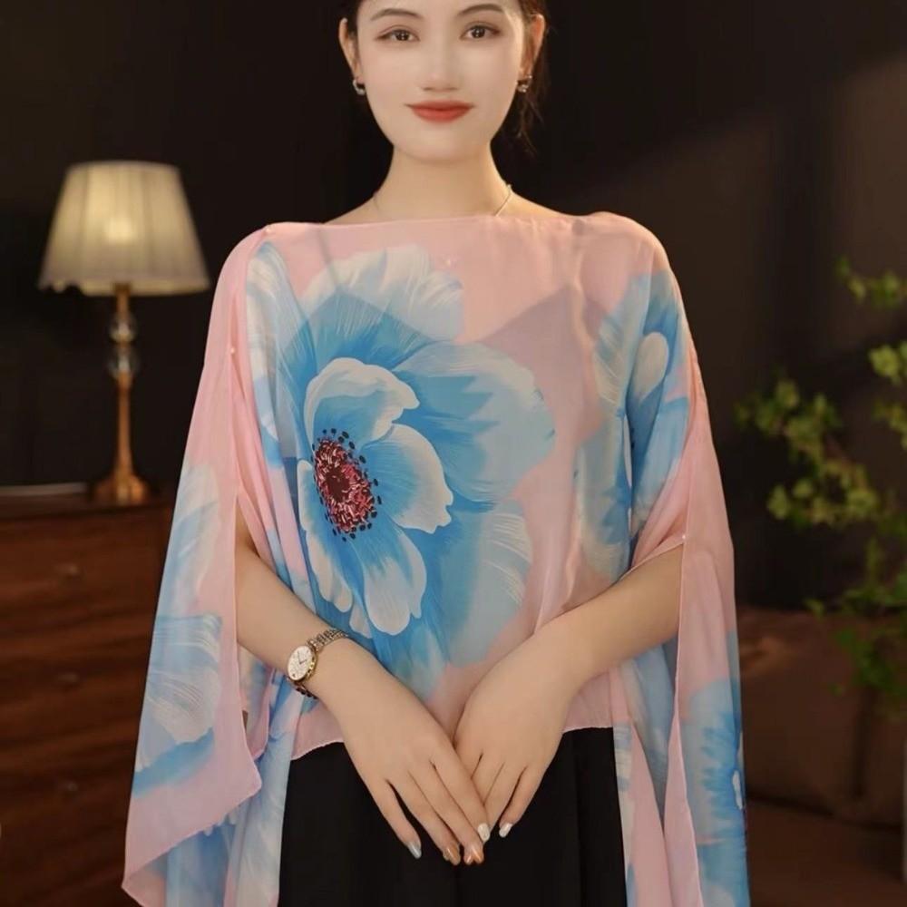 Long Length Sun Protection Shawl Flower Pattern Chiffon Scarf Breathable Shawl  Outdoor Activities