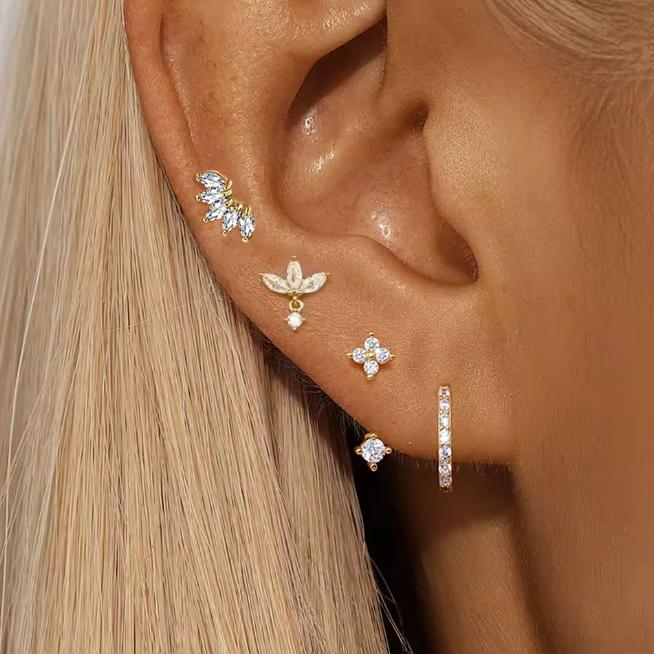 4PCS Zircon Heart Moon Flower Small Hoop Earrings Set For Women Stainless Steel Huggies Pendant Piercing Earrings Jewelry Aretes