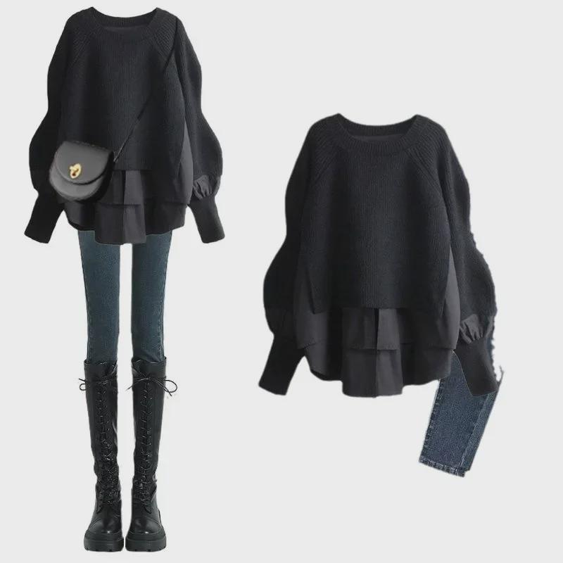 2024 Plus Size Women's Autumn Two-Piece: Elegant Shirt Top & Slim Jeans