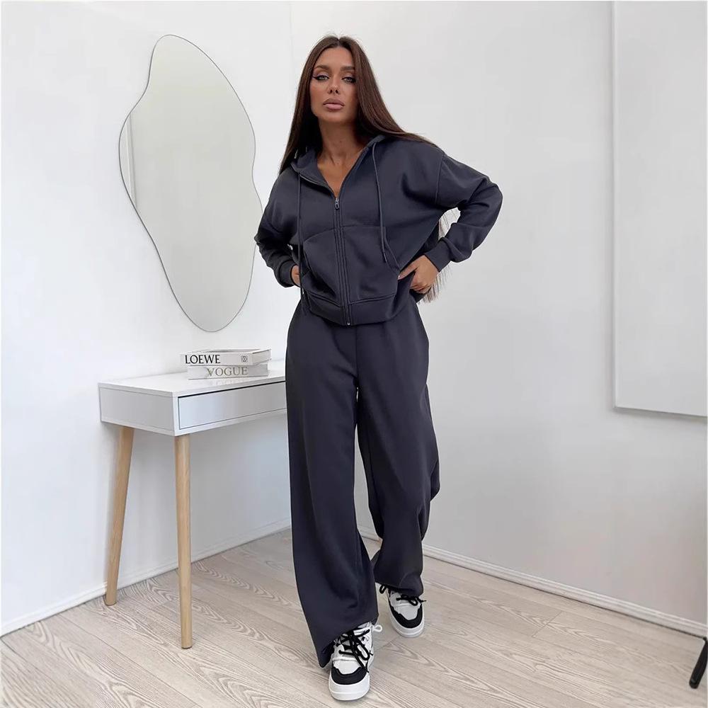 Women's Brown Hooded Zip Up Casual Sweatshirt and Wide Leg Pants Set