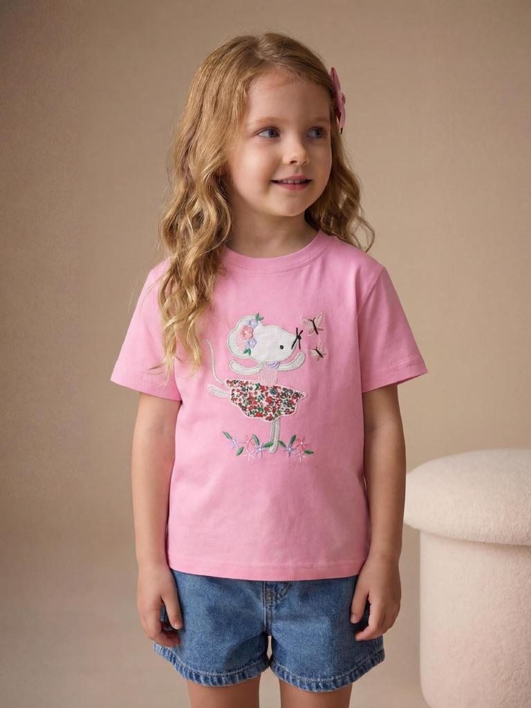 Girls' Ballet Mouse Embroidered Short Sleeve T-shirt - Summer Fashion