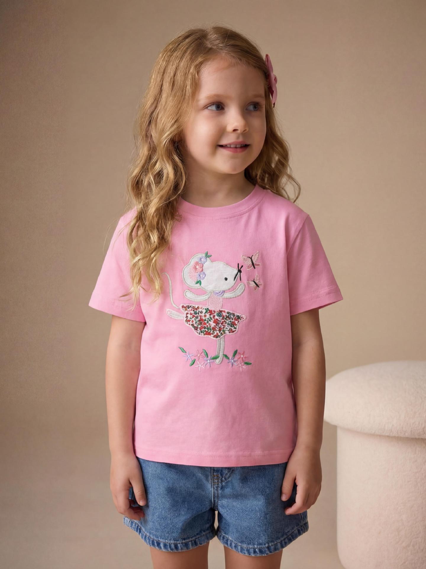 Girls Ballet Mouse Embroidered Short Sleeve T-shirt - Summer Fashion 120cm (6 Years) розовый