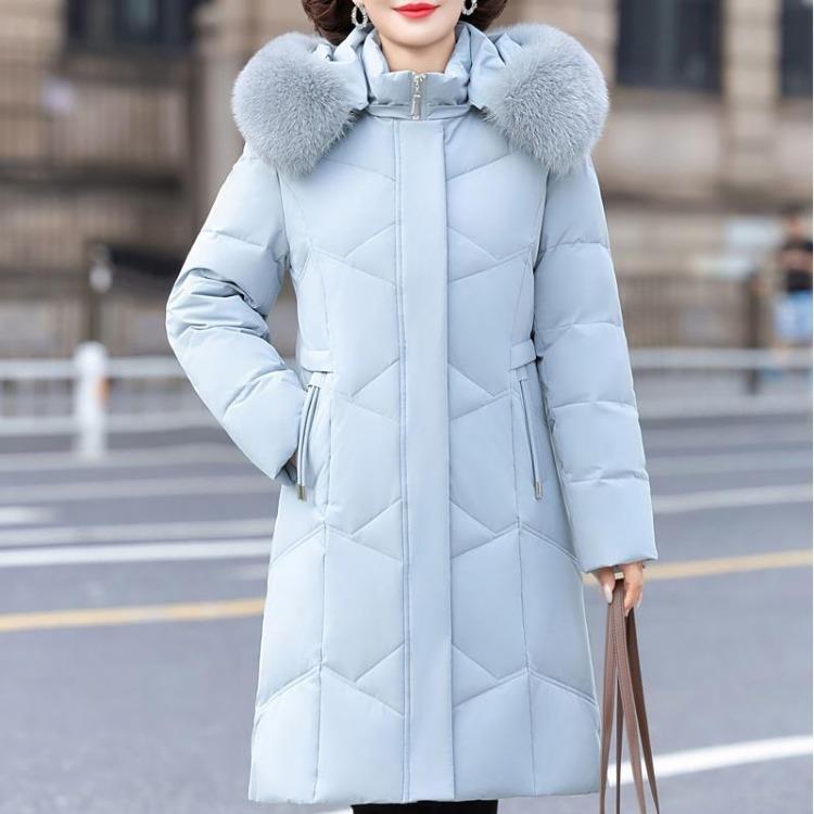 

Vintage Elegant Women Puffer Jacket Real Fur Collar Winter Warm Down Coat Long Plus Size Outerwear Middle Age Thick Prakas 2XL світло-синій колір
