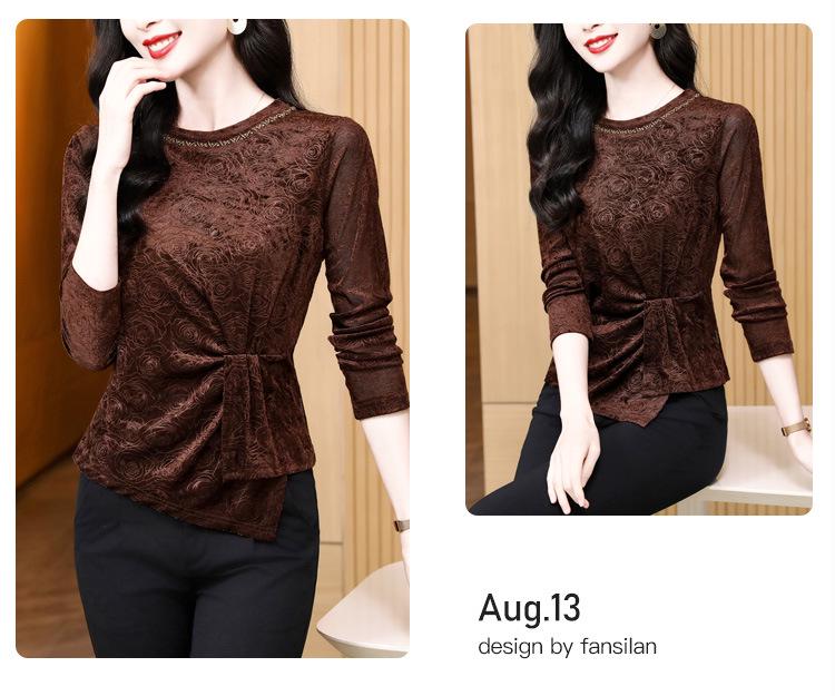 Round Neck Beaded Rose Velvet Long Sleeve Women's Shirt In Black Coffee Nylon