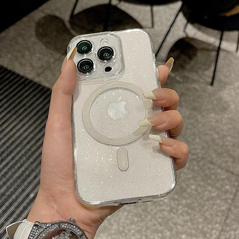 Luxusní třpytivé bezdrátové nabíjecí pouzdro MagSafe pro iPhone 15 14 13 12 11 ProMax nárazuvzdorné průhledné magnetické měkké nárazníkové pouzdro