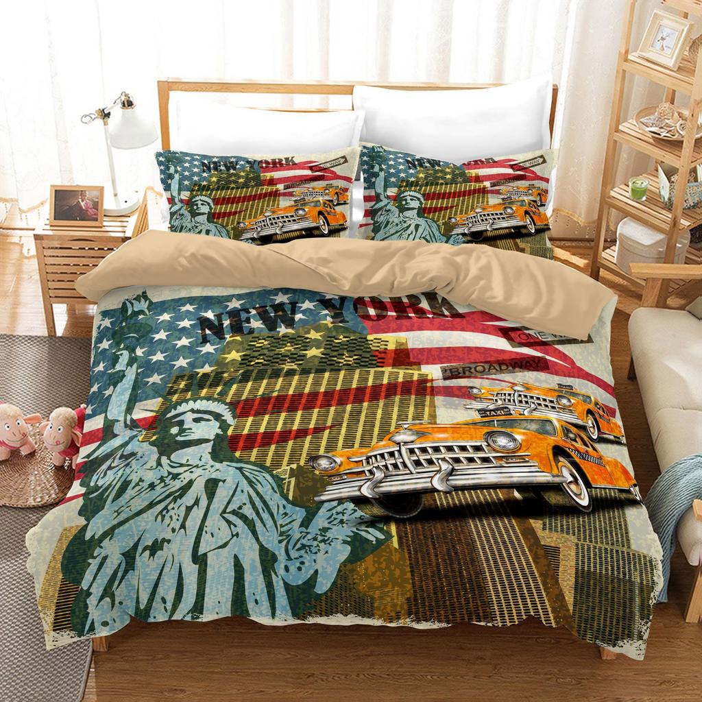 3pcs Bedding Set Hand Drawn Cars Print Duvet Cover Set Single Double King Size Bed Set for Adult Home Bedroom with Pillow Case