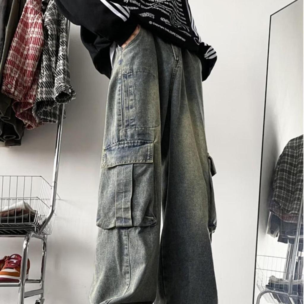 Men's Summer Trendy Wide-Leg Cargo Jeans with Large Pockets - Washed Retro Floor-Length Pants