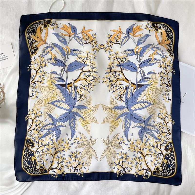 European and American Style Leaf Silk Scarf Women's Scarf Autumn and Winter Thin Neck Protection Scarf Simulation Silk Small Square Scarf 71cm Decor