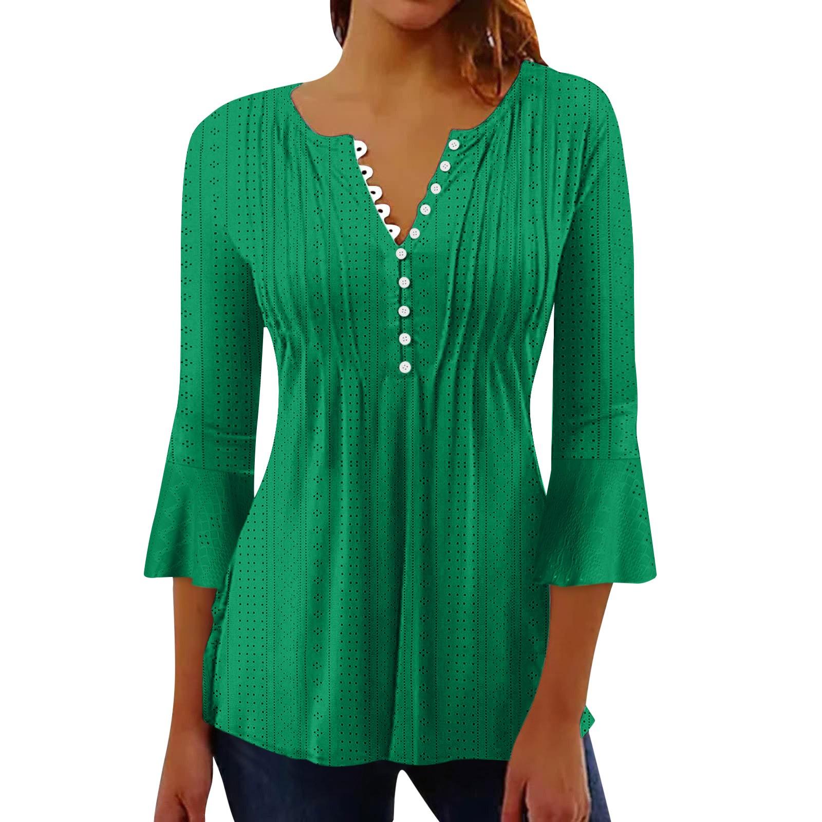 

Женский однотонный топ с полым V-образным вырезом и расклешенными пуговицами с рукавами три четверти L