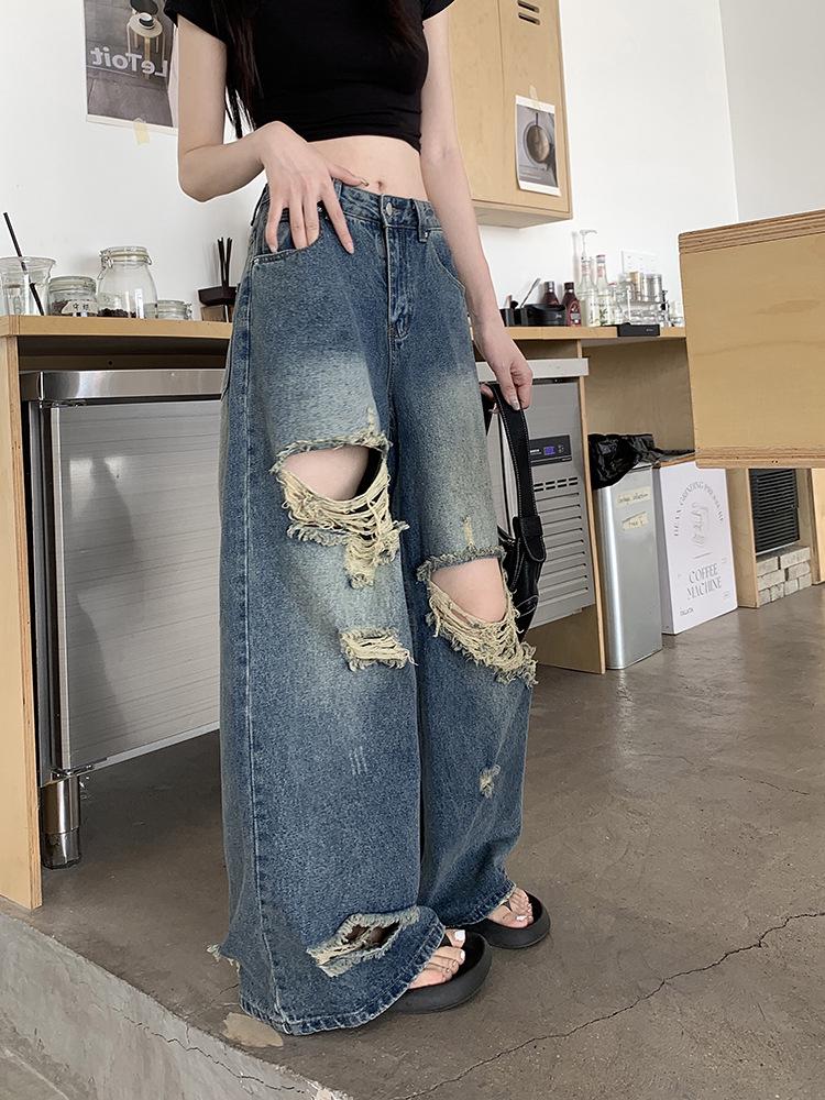 Women's High Waist Retro Wide Leg Ripped Jeans - Summer Floor-Length
