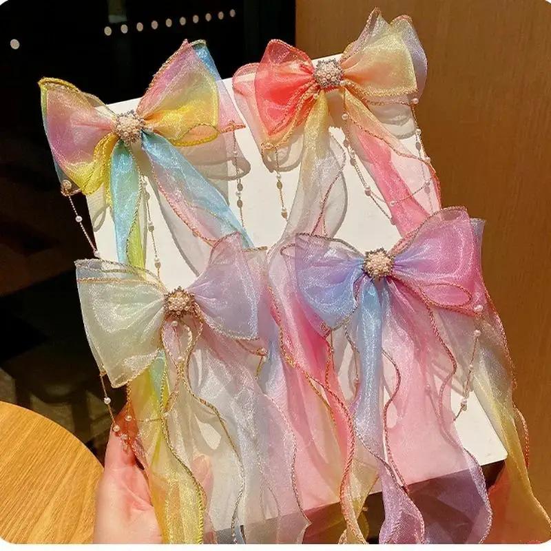 Fashion Hair Accessories New Girls Cute Pearl Colorful Chiffon Bow Ribbon Hairpins Children Sweet Hair Clips For Girls