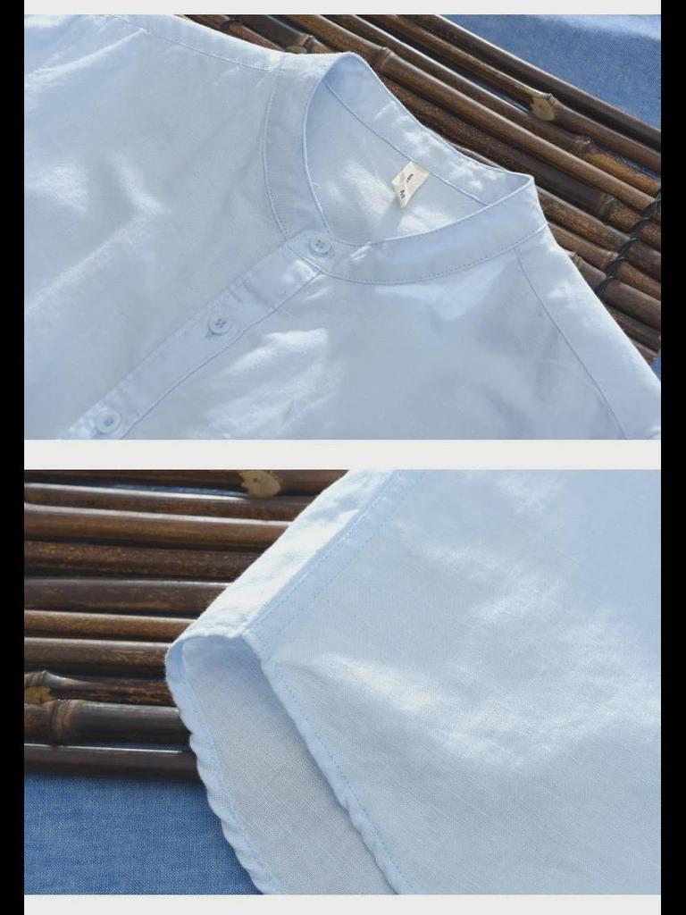 Men's Short-Sleeve Linen Shirt, Chinese Stand Collar, Casual Loose-Fit, Summer Trend