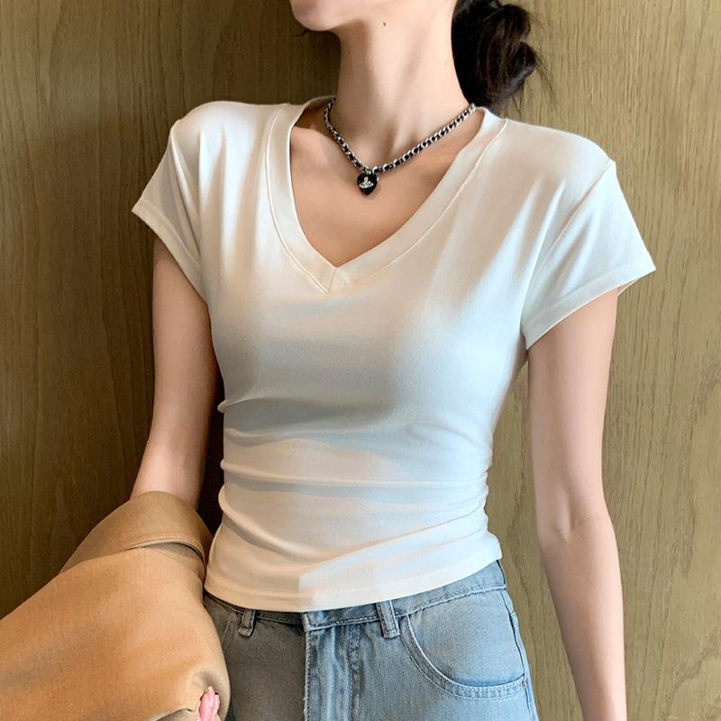 Ladies Summer V Neck Short Sleeve Solid Color Bodycon Casual Pullover T Shirt Top