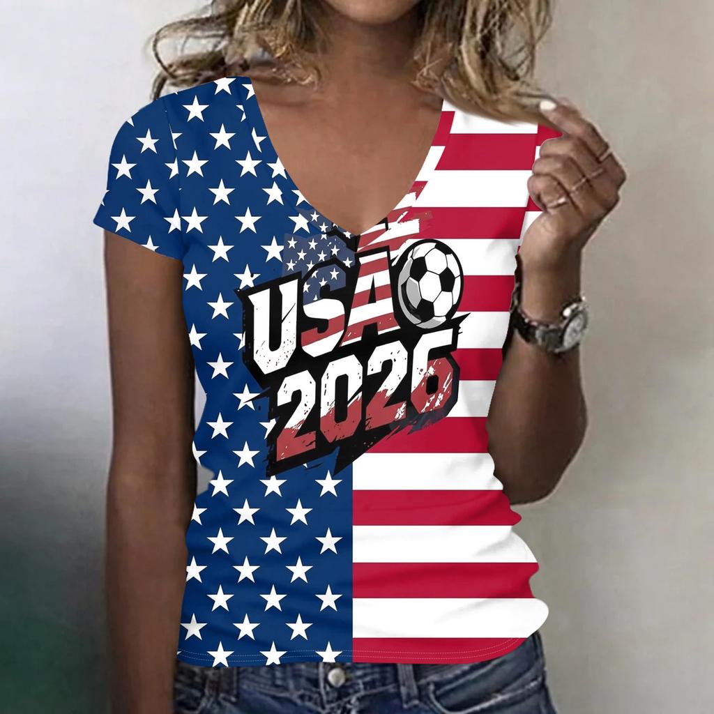 Women's V Neck Lightweight Short Sleeve Top Soccer Inspired Print Casual Summer Shirt for Canada USA Mexico Fans