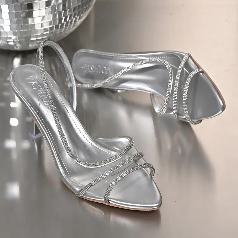 Ladies Shoes 2025 New Pointed Toe Elegant Modern Women's Sandals Classics Crystal Open Toe Slip on Thin Heel Party Dress Sandals