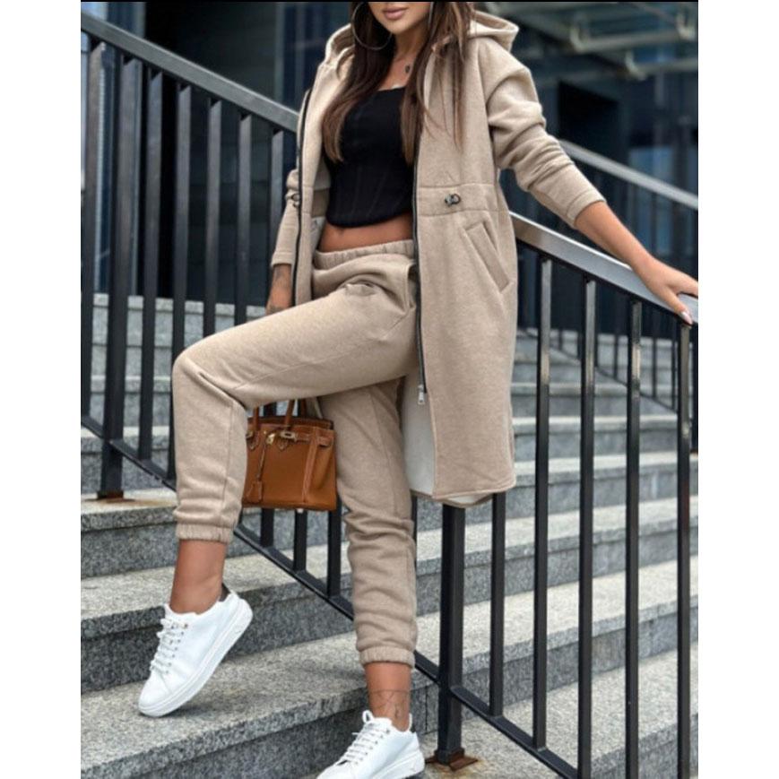 Women's Hooded Zipper Irregular Large Coat Mid Waist Pencil Pants Two-Piece Suit Autumn Winter Solid Color Printing Suit