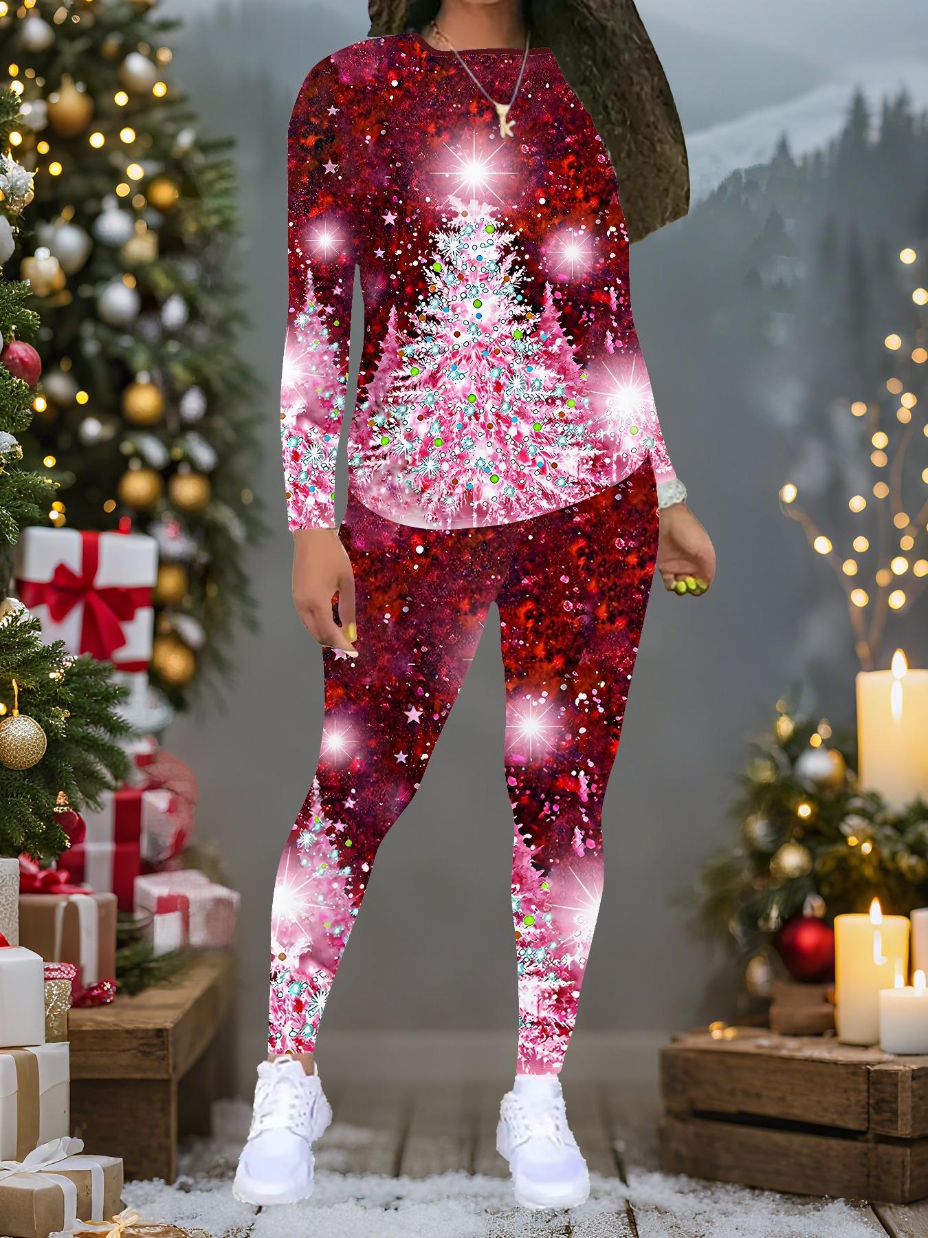 

Женский рождественский костюм-двойка с принтом: Топ с длинным рукавом и круглым вырезом и брюки, праздничный лимитированный повседневный костюм для вечеринки в подарок XXL розовый