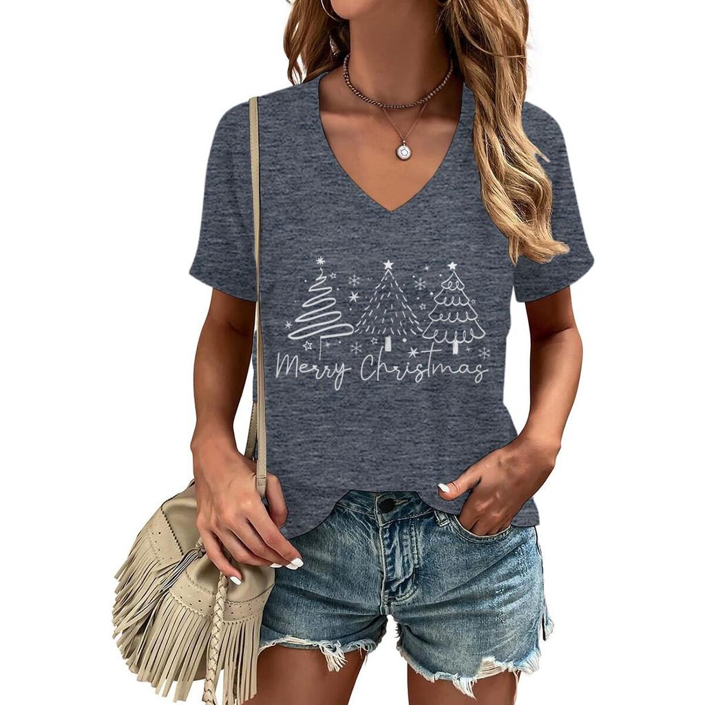Merry Christmas Tree Trending Tshirts for Women Vneck Christmas Tree Design Holiday Clothes Funny Festive Fashion Casual Tops