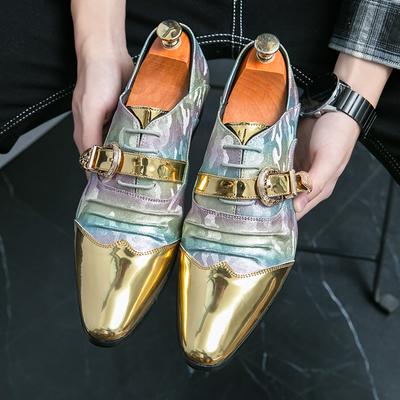 New Luxury Metal Decor Men Casual Loafers Dress Shoes Mixed Color Splicing Pointed Toe Party Leather Shoes Male Casual Oxfords