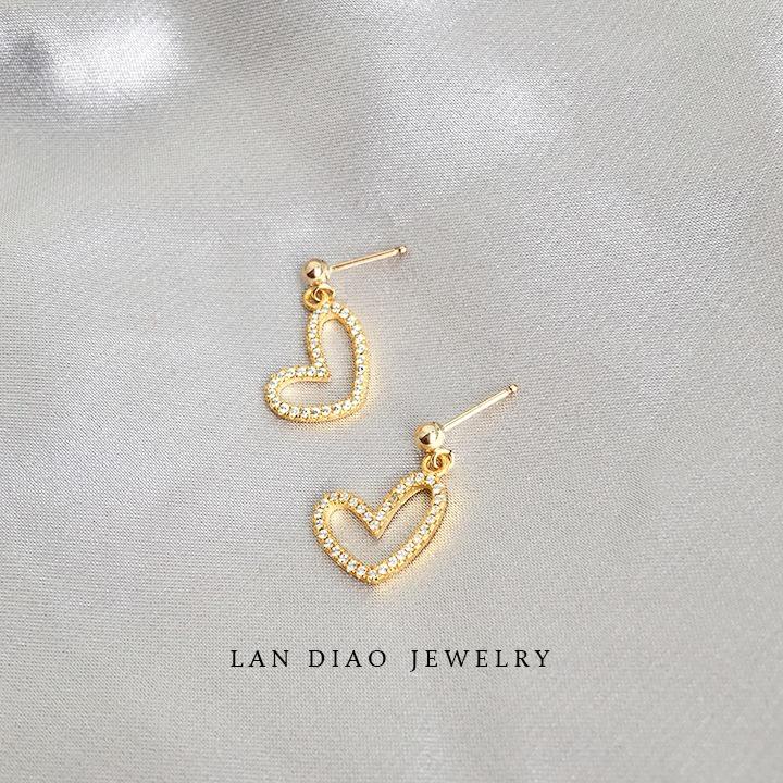 Heart Lovers: 14K Gold-Plated Sterling Silver Heart Zirconia Micro-Paved Diamond Stud Earrings 925 Silver платиновый