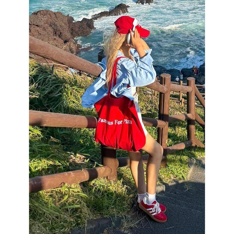 

Fall and Winter New Arrival Niche Style Letter Canvas Bag Korean Style Idle Style Large Capacity Totes Morning Eight Tong Qin One Shoulder Bag Red