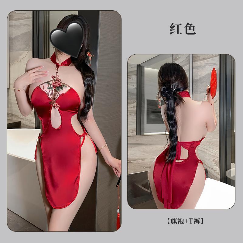 Sex underwear sexy neck hollowed out high waist split cheongsam temptation pajamas short skirt uniform set