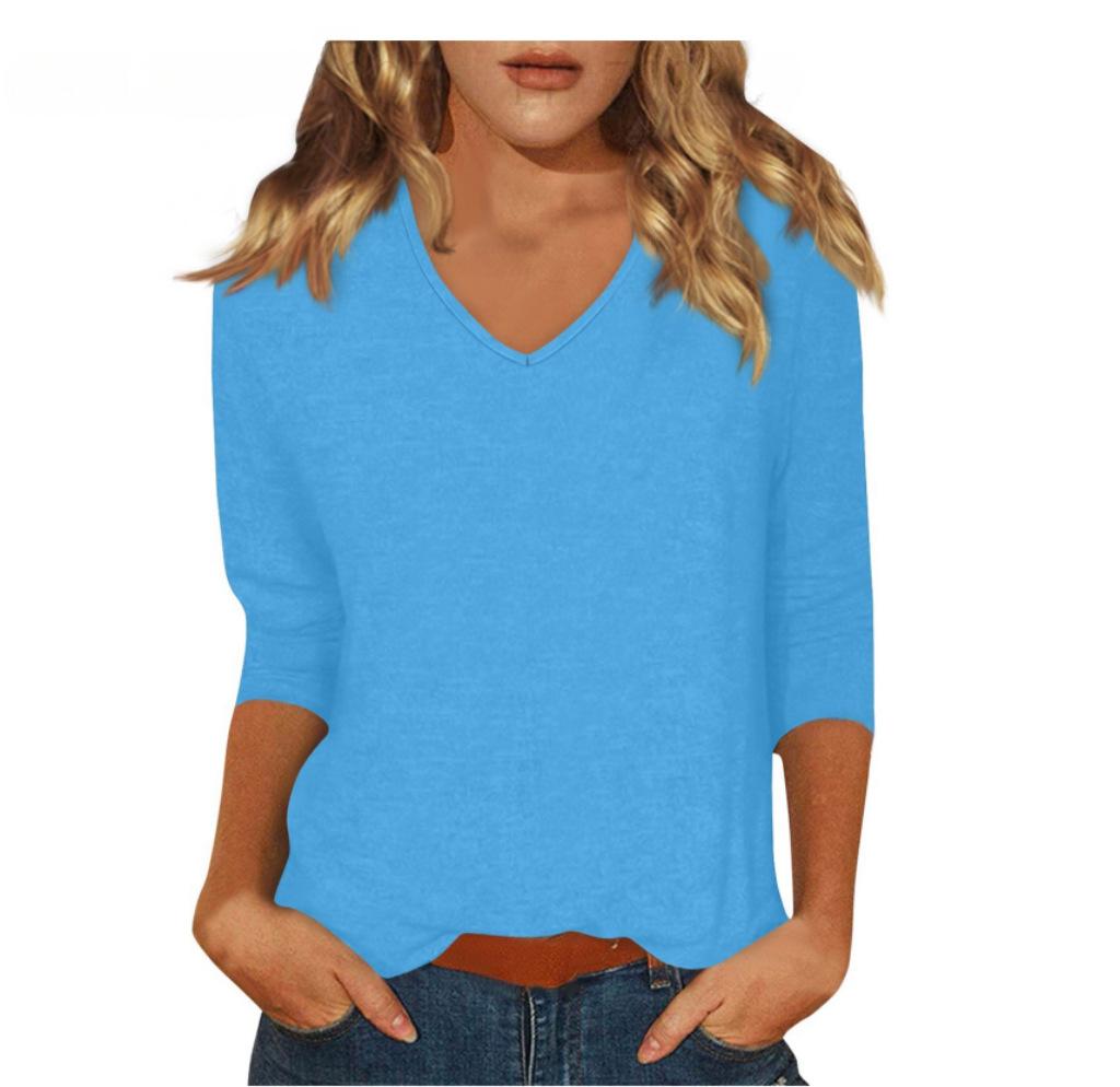 Women's Daily Versatile Casual V-Neck Solid Color Seven-Sleeve T-Shirt Top