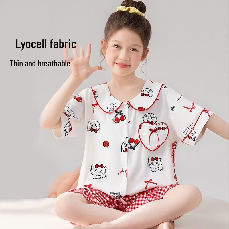Girls Ice Silk Cotton Summer Pajama Set 140