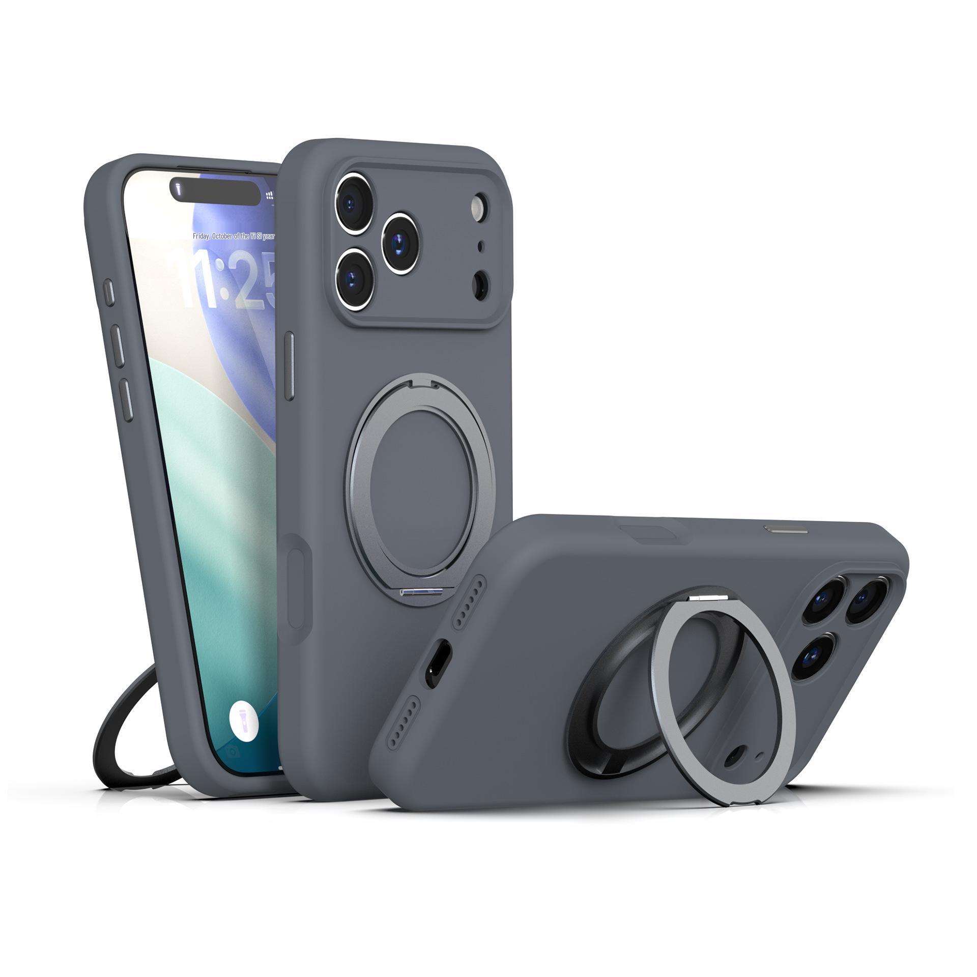 

Silicone Phone Case with Magnetic Rotating Stand for iPhone 17 Pro Max, Drop-proof Protective Cover for 16 Pro & 15/14 Models. For iPhone 16 Pro серый