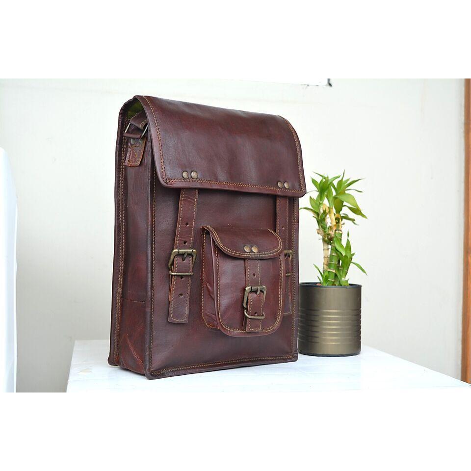 Vintage Leather Bags Full Grain Messenger Crossbody I-pad Bag Satchel Goat Hide