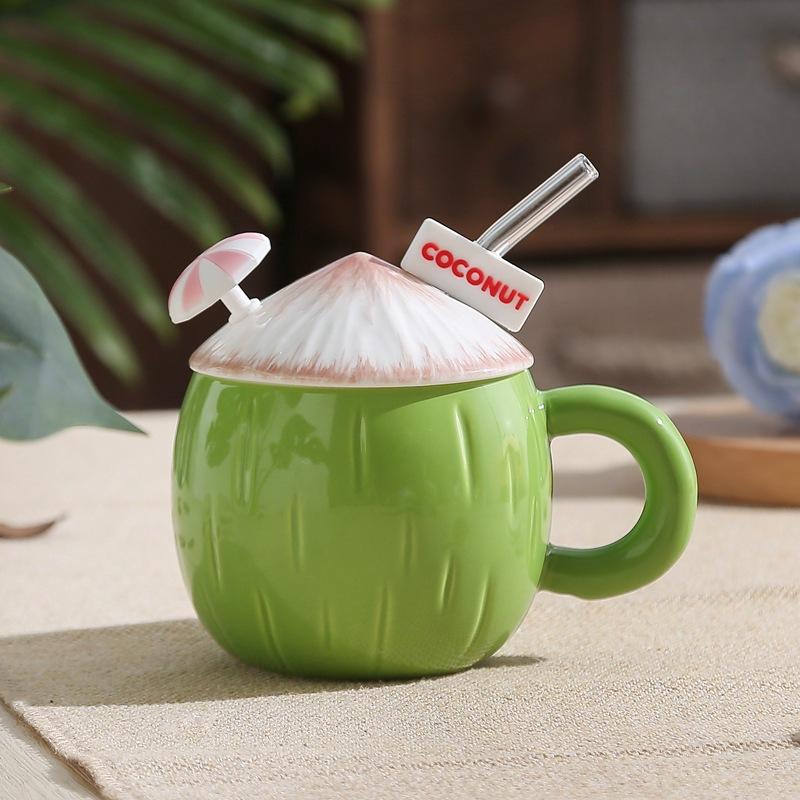 

Креативная летняя кокосовая кружка в стиле Инс, девичье сердце, милая керамическая чашка высокой точности, большая емкость, чашка для воды с крышкой 430ml