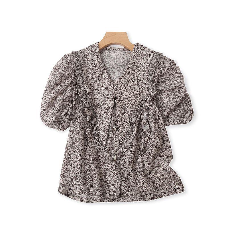

V-neck Floral Lantern Sleeve Shirt Summer New Arrival Button Cardigan Foreign Order Easiest for Match Fashion Women s Tops M/6-2 Coffee pattern XL