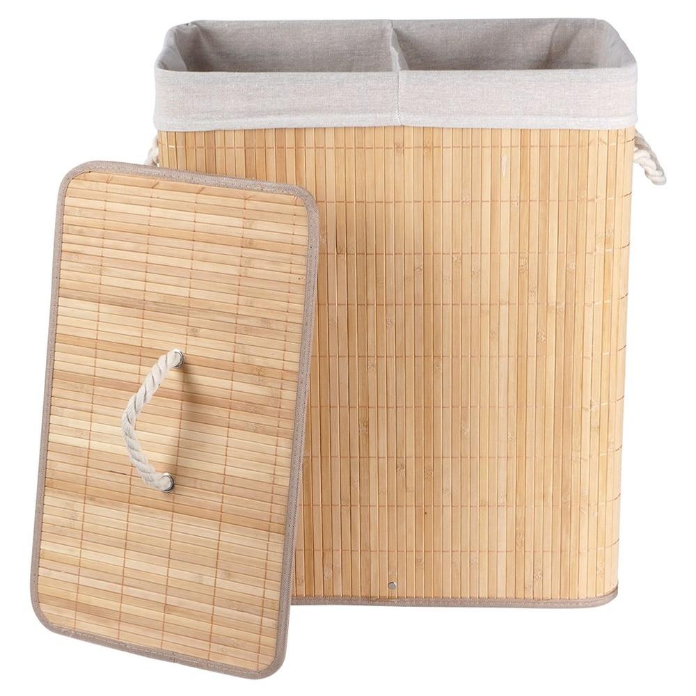 Bamboo Bathroom Laundry Basket, Double Compartment, Split, for Clothes