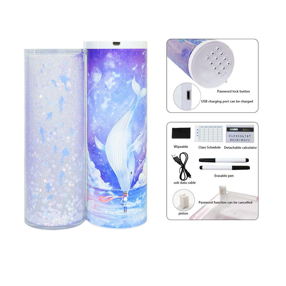 Quicksand Pencil Box Magnetic Clasp Exquisite Intelligent Password Quicksand Pencil Case with Calculator