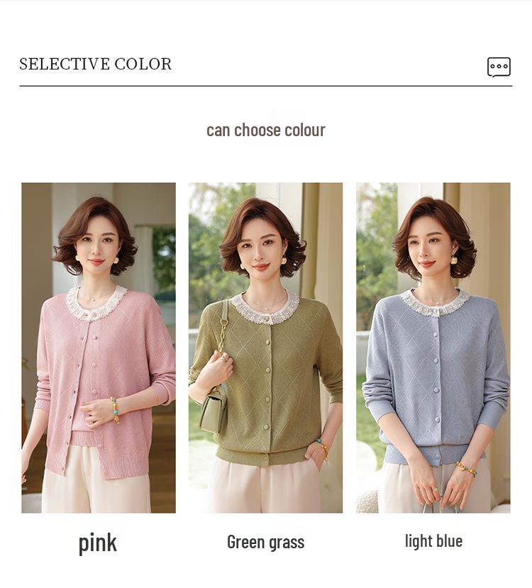 Spring Knit Two-Piece Set: Lightweight Cardigan and Short-Sleeved Top for Middle-Aged and Elderly Women
