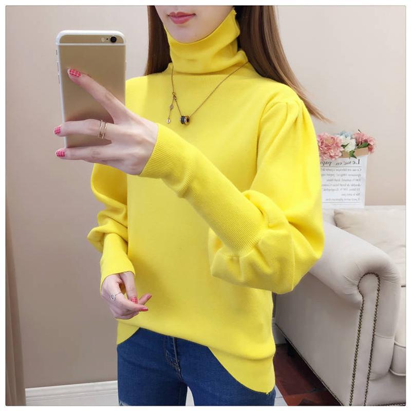 Pofulove Women's Turtleneck Pullover Sweater Autumn Winter Loose Plus Size Lantern Sleeves Knit Jumper
