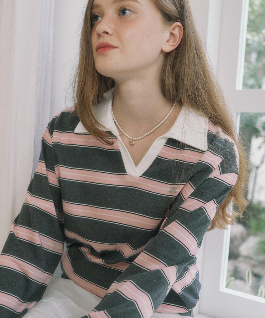 OURHOPE Striped Logo Collar Sweatshirt - Pink