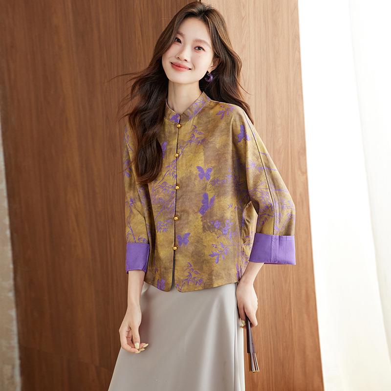 

Осень 2025 Женский костюм Тан в китайском стиле, куртка из парчи Сун с пуговицами-лягушками M фиолетовый
