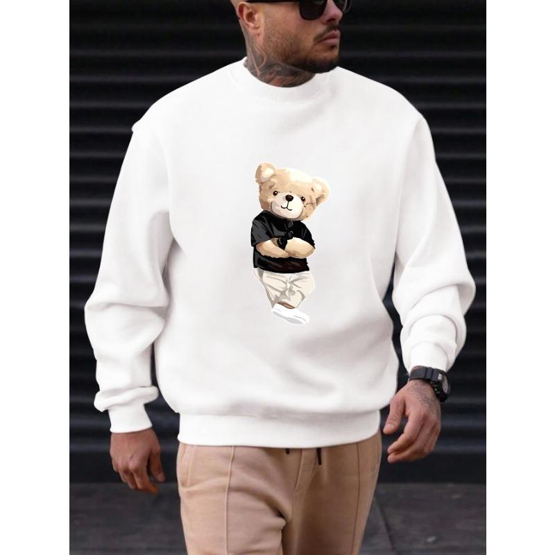 Men's Cartoon Bear Pattern Casual Round Neck Sweatshirt, Soft Breathable Comfortable For Home Or Outings, Plus Size.
