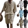 Men's Summer V-neck Jacquard Casual Suit - Short Sleeve & Shorts Two-piece Set