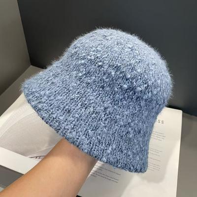 Fischerhut für Damen im Herbst und Winter Neuer Stil Plüsch Gestrickt Großer Kopfumfang Temperament High End Hut mit gekräuselter Oberseite Eimerhut Beckenhut