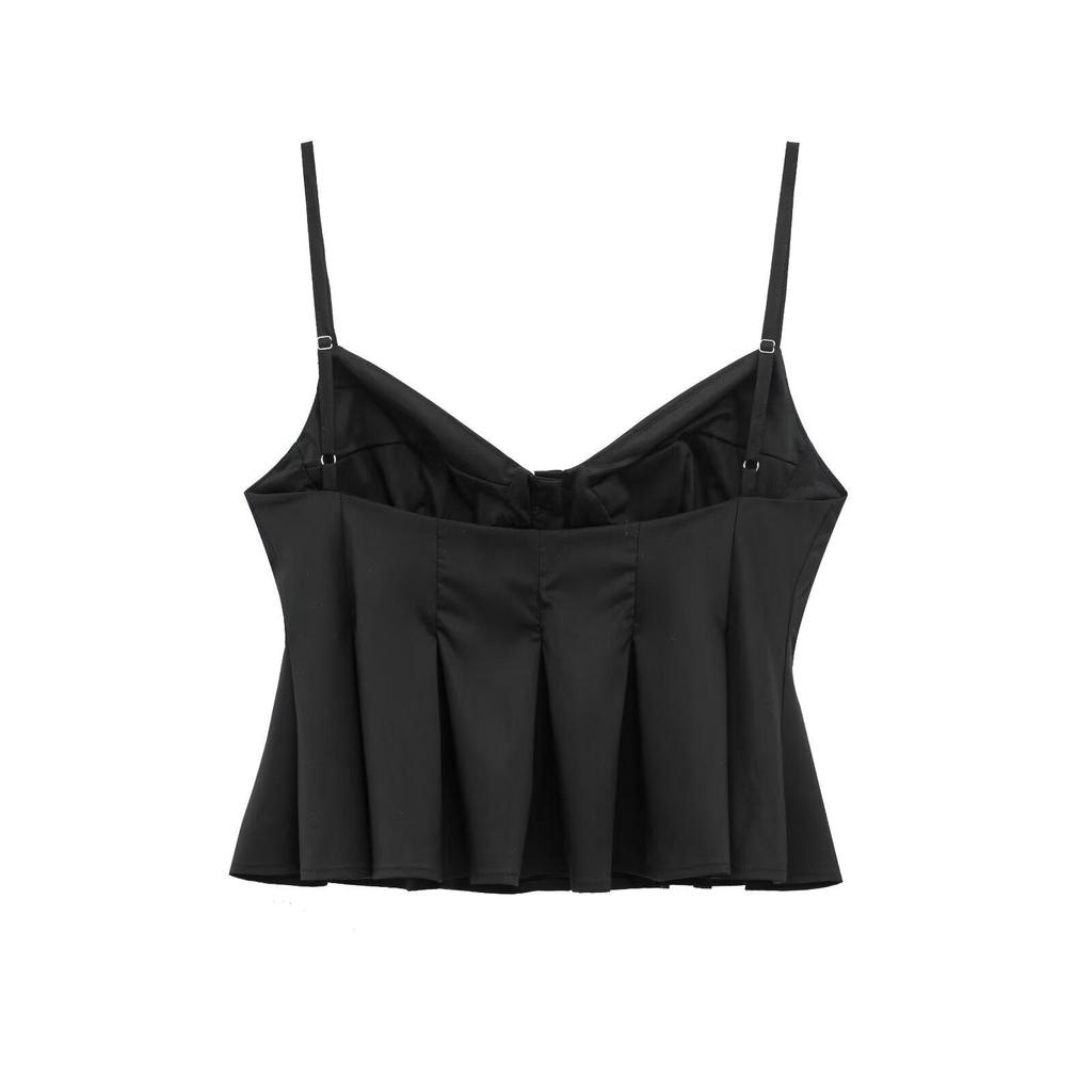 2025 Spring Sexy European & American Style Spaghetti Strap Pleated Poplin Top