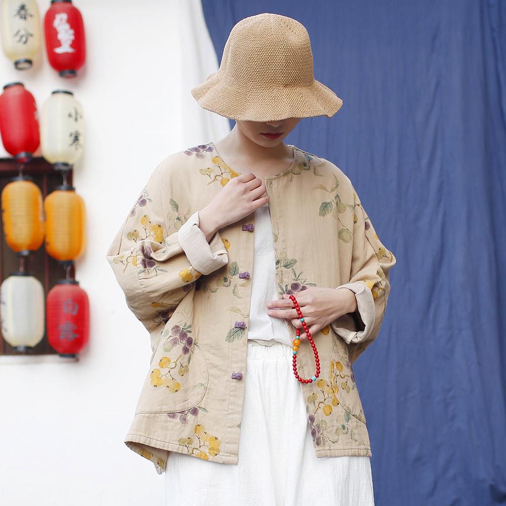 Johnature Women Vintage Print Floral Jackets Bat Sleeve Coats Spring Button Pockets Chinese Style O-Neck Jackets