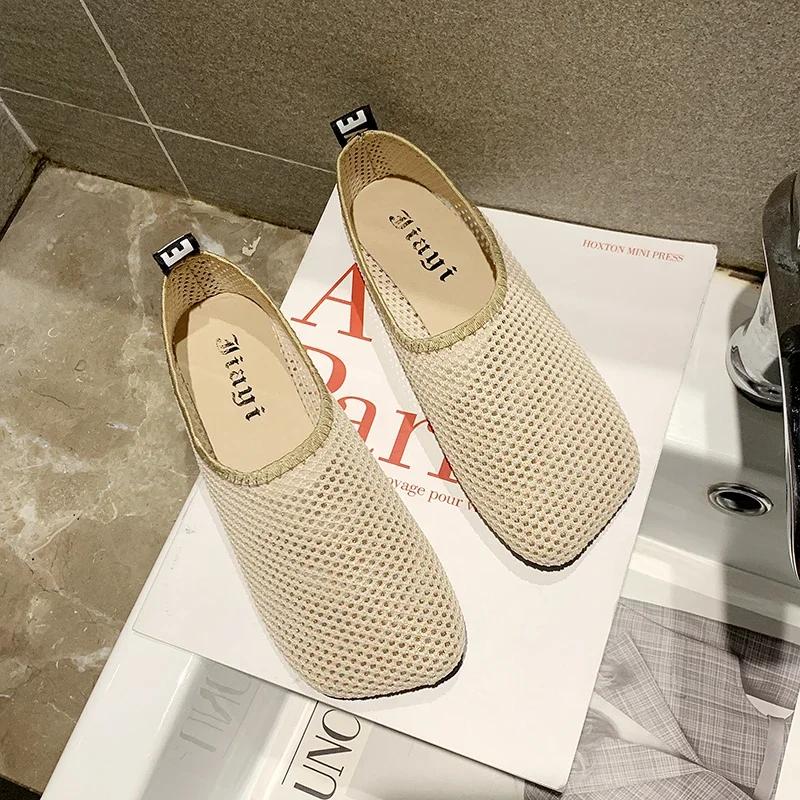 Women's Flat Shoes Square Toe Mesh Upper One Kick Shoes Women Leisure Daily Breathable Roman Anti-Slip Sole Zapatillas De Mujer