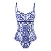 2024 Blue & White Floral Porcelain One-Piece Chiffon Skirt Bikini