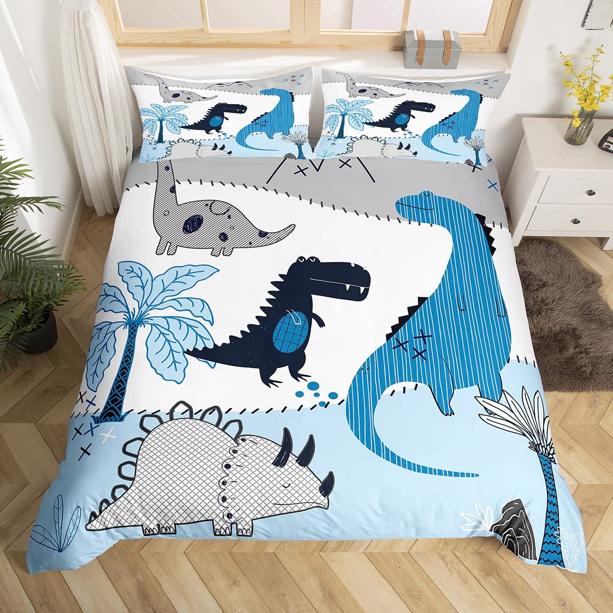 

Dinosaur Comforter Cover Boys Girls Lovely Cartoon Wild Dino Bed Cover Package for Kids Jungle Animals Comforter Cover Kawaii Quilt Cover EU Single(135x200cm)